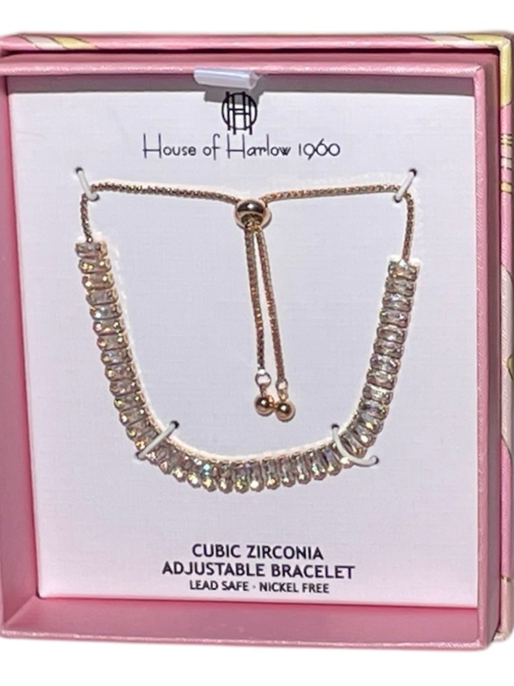 House of Harlow 1960 Gold-Toned Adjustable Cubic Zirconia Baguette Bracelet NIB